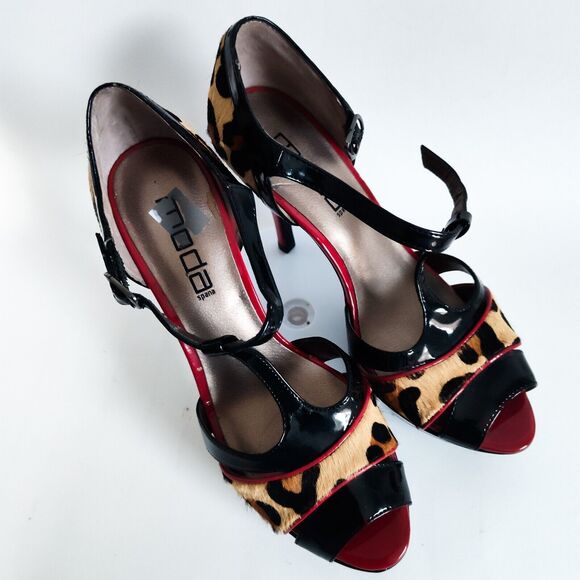 Moda Spana Leopard Strappy 4" Heels Open Toe Women's Size 7.5 T-Strap Mary Janes - Picture 8 of 10